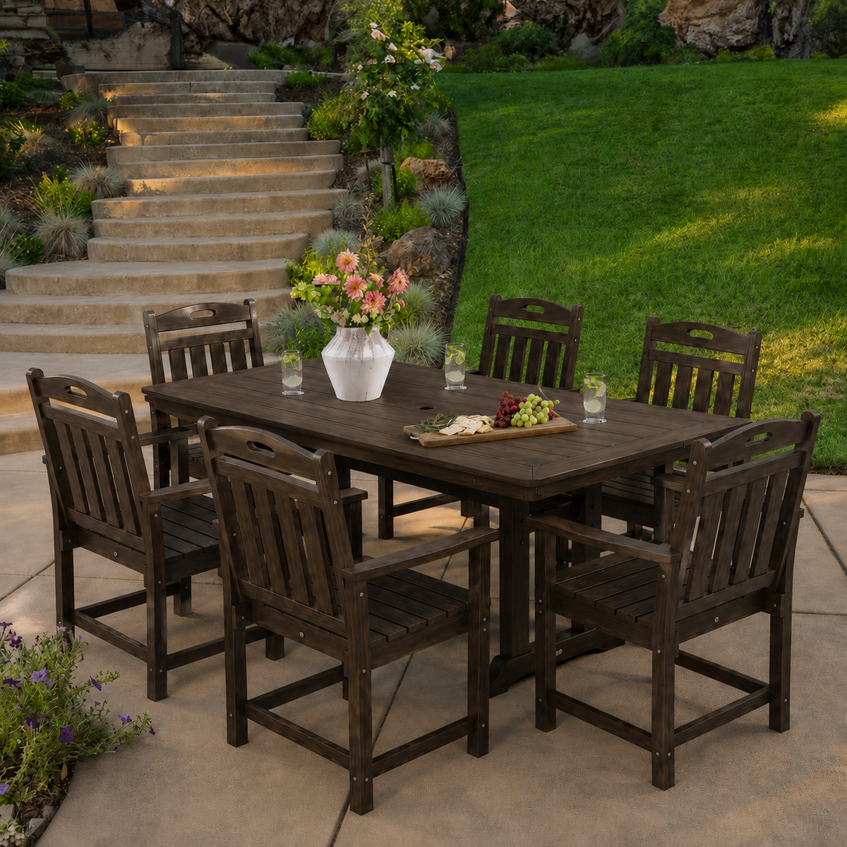 Vera Long Patio Dining Set With Umbrella Hole